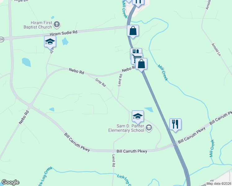 map of restaurants, bars, coffee shops, grocery stores, and more near 178 Laird Road in Hiram