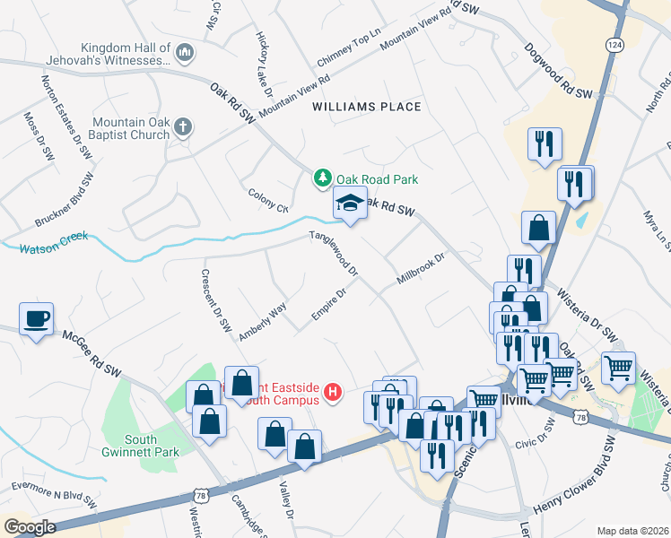 map of restaurants, bars, coffee shops, grocery stores, and more near 2027 Tanglewood Drive in Snellville