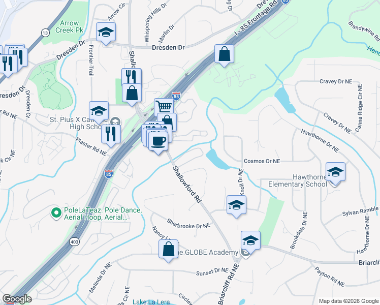 map of restaurants, bars, coffee shops, grocery stores, and more near 2534 Bradford Square Northeast in Atlanta