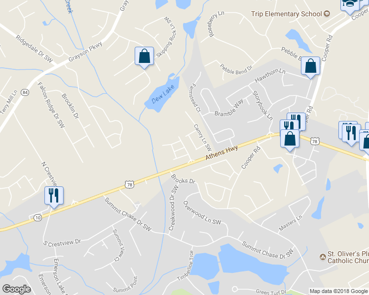 map of restaurants, bars, coffee shops, grocery stores, and more near Haynescrest Drive in Grayson