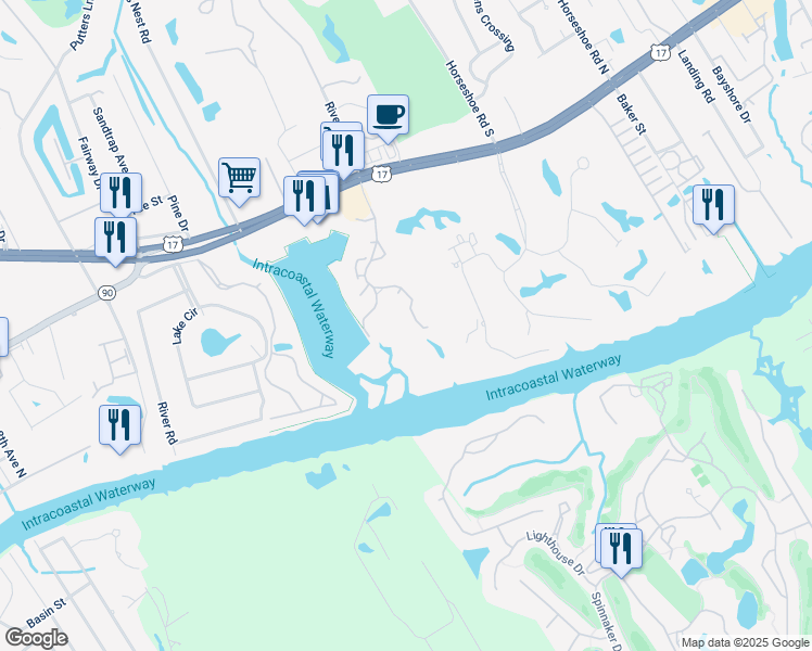 map of restaurants, bars, coffee shops, grocery stores, and more near 4500 Coquina Harbour Drive in Little River