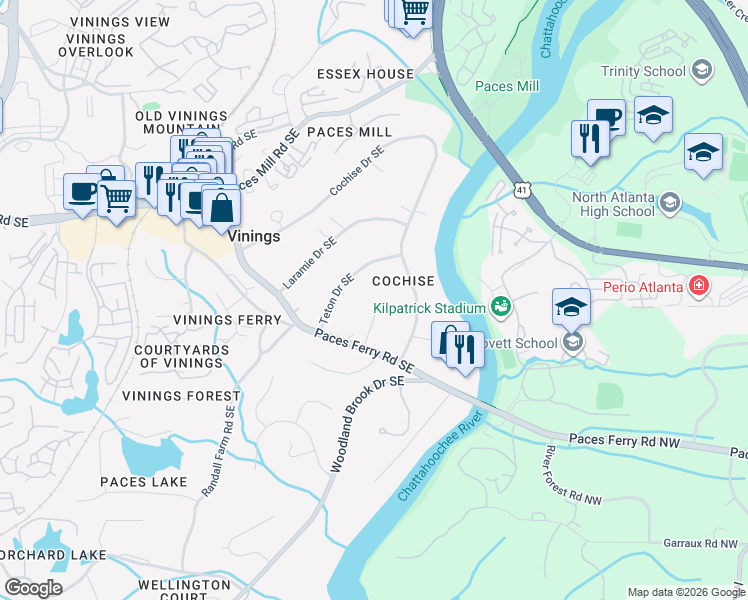 map of restaurants, bars, coffee shops, grocery stores, and more near 3285 Craggy Point in Atlanta