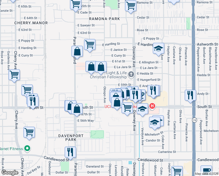 map of restaurants, bars, coffee shops, grocery stores, and more near 3220 E 59th St in Long Beach