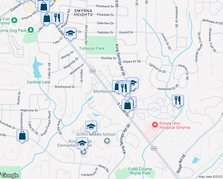 map of restaurants, bars, coffee shops, grocery stores, and more near 620 Luckett Court in Smyrna
