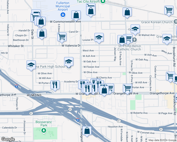 map of restaurants, bars, coffee shops, grocery stores, and more near 2711 West Olive Avenue in Fullerton