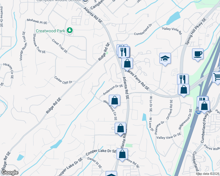 map of restaurants, bars, coffee shops, grocery stores, and more near 2047 Anderson Drive Southeast in Smyrna