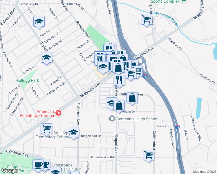 map of restaurants, bars, coffee shops, grocery stores, and more near 1550 Rimpau Avenue in Corona