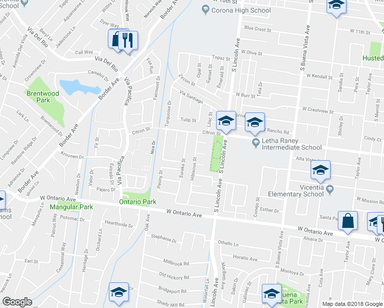 map of restaurants, bars, coffee shops, grocery stores, and more near 1910 Hibiscus Street in Corona