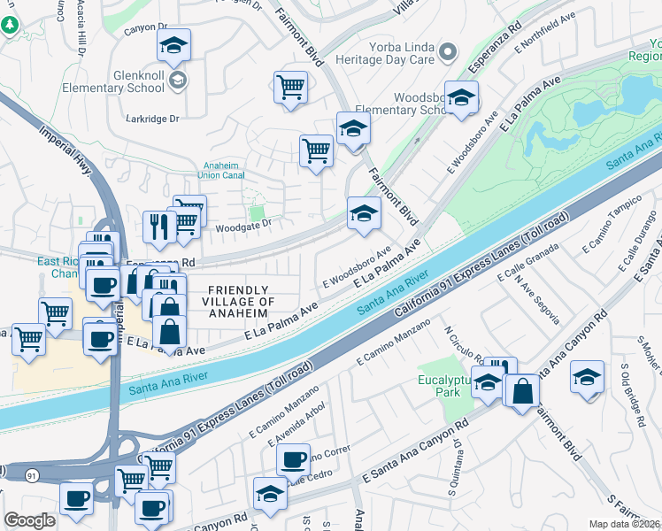 map of restaurants, bars, coffee shops, grocery stores, and more near 1233 North Kettle Mill Place in Anaheim