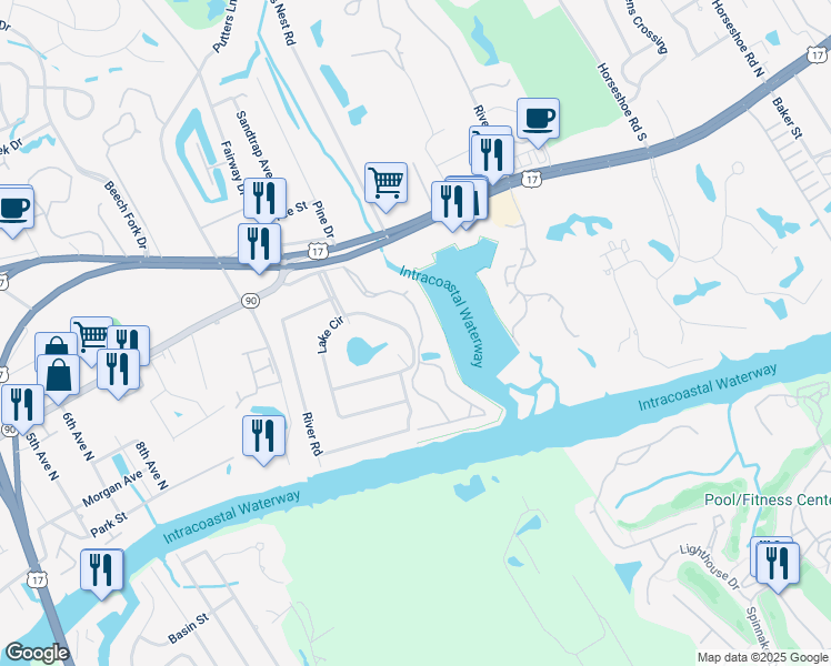map of restaurants, bars, coffee shops, grocery stores, and more near 4636 Lightkeepers Way in Little River
