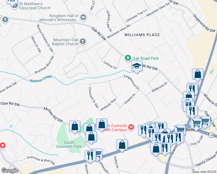 map of restaurants, bars, coffee shops, grocery stores, and more near 1979 Wiltshire Place Southwest in Snellville