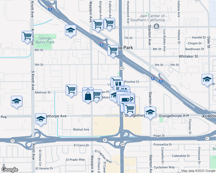 map of restaurants, bars, coffee shops, grocery stores, and more near 7642 11th Street in Buena Park