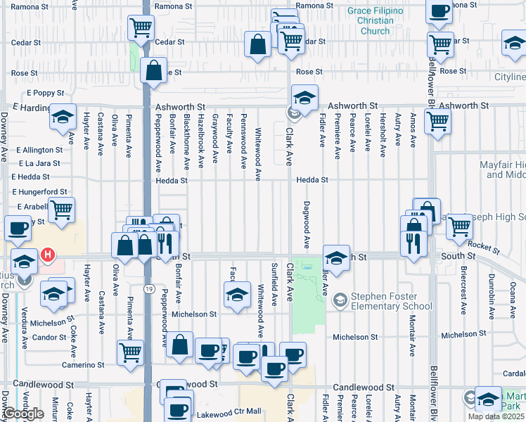 map of restaurants, bars, coffee shops, grocery stores, and more near 5912 Whitewood Avenue in Lakewood