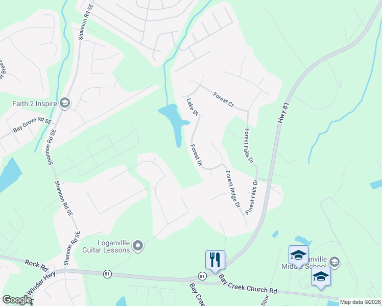 map of restaurants, bars, coffee shops, grocery stores, and more near 5373 Forest Drive in Loganville