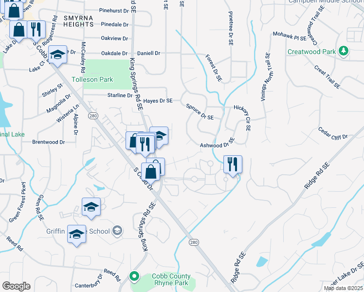 map of restaurants, bars, coffee shops, grocery stores, and more near 1380 Ashwood Court in Smyrna