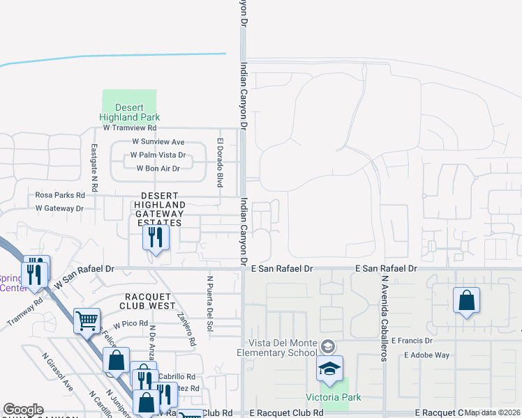 map of restaurants, bars, coffee shops, grocery stores, and more near 252 Breeze Loop in Palm Springs