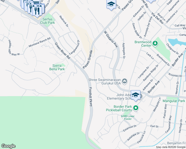map of restaurants, bars, coffee shops, grocery stores, and more near 2048 Adobe Avenue in Corona
