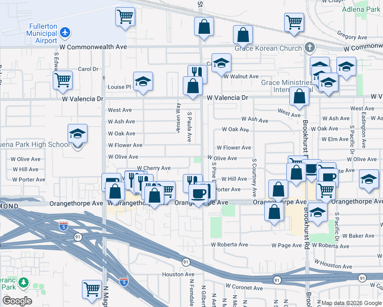 map of restaurants, bars, coffee shops, grocery stores, and more near 2317 West Olive Avenue in Fullerton