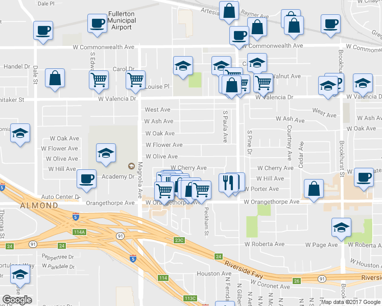 map of restaurants, bars, coffee shops, grocery stores, and more near 2517 West Olive Avenue in Fullerton
