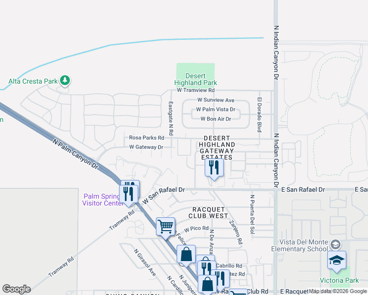 map of restaurants, bars, coffee shops, grocery stores, and more near 555 Rosa Parks Road in Palm Springs