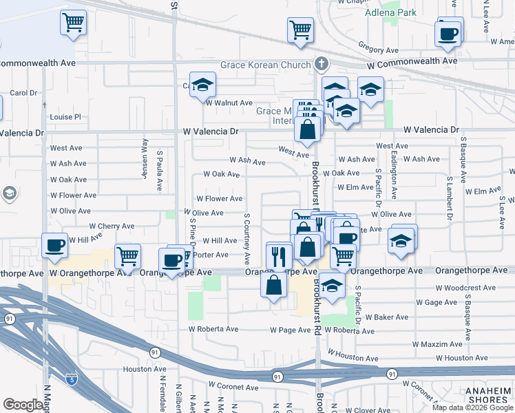 map of restaurants, bars, coffee shops, grocery stores, and more near 701 Cedar Avenue in Fullerton