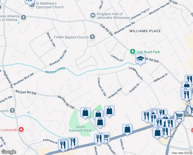 map of restaurants, bars, coffee shops, grocery stores, and more near 1937 Crescent Drive Southwest in Snellville