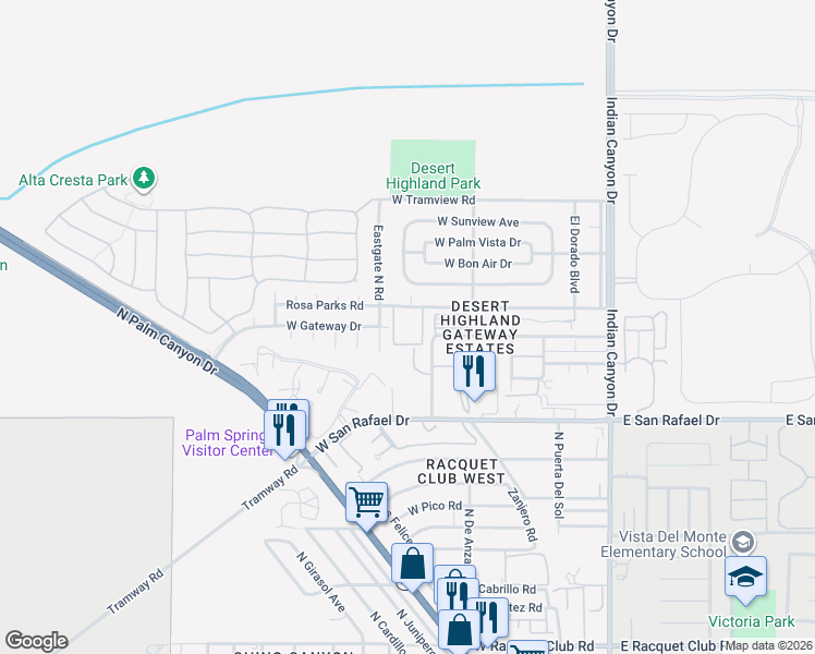 map of restaurants, bars, coffee shops, grocery stores, and more near 555 Rosa Parks Road in Palm Springs