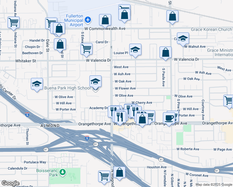 map of restaurants, bars, coffee shops, grocery stores, and more near 2721 West Olive Avenue in Fullerton