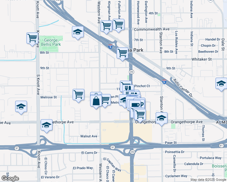 map of restaurants, bars, coffee shops, grocery stores, and more near 7592 11th Street in Buena Park
