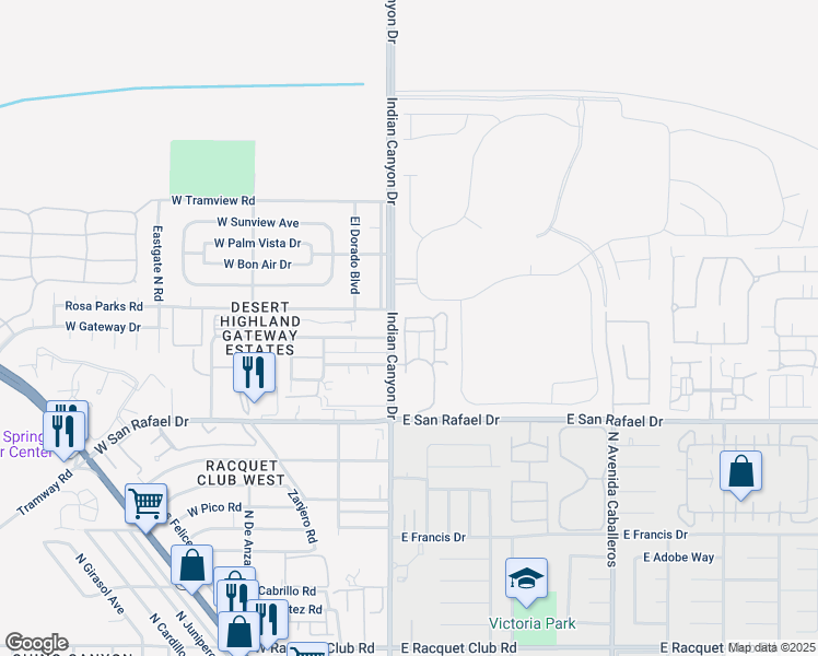 map of restaurants, bars, coffee shops, grocery stores, and more near 212 Breeze Loop in Palm Springs