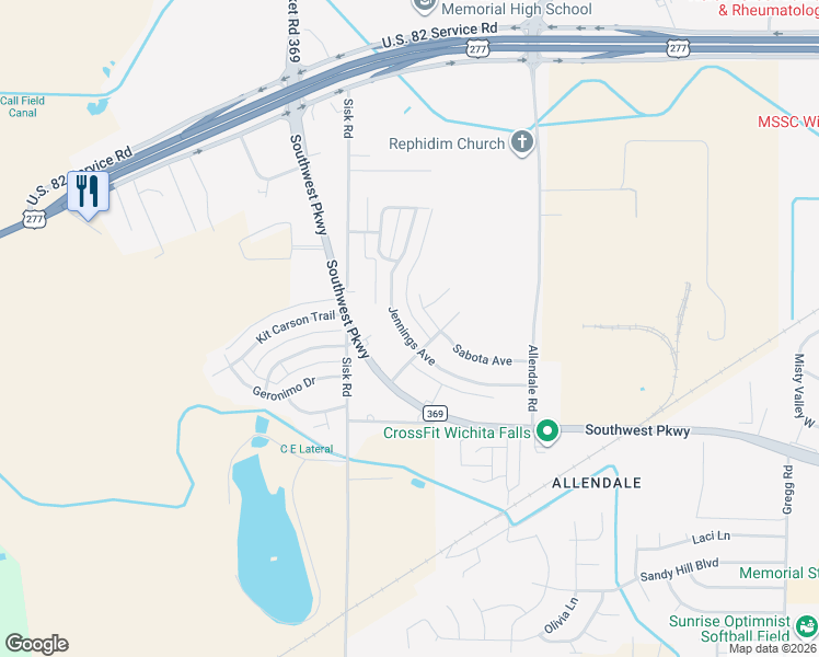 map of restaurants, bars, coffee shops, grocery stores, and more near 4531 Jennings Avenue in Wichita Falls