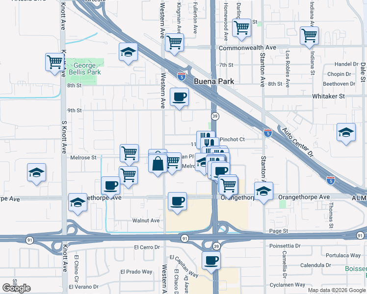 map of restaurants, bars, coffee shops, grocery stores, and more near 7582 11th Street in Buena Park