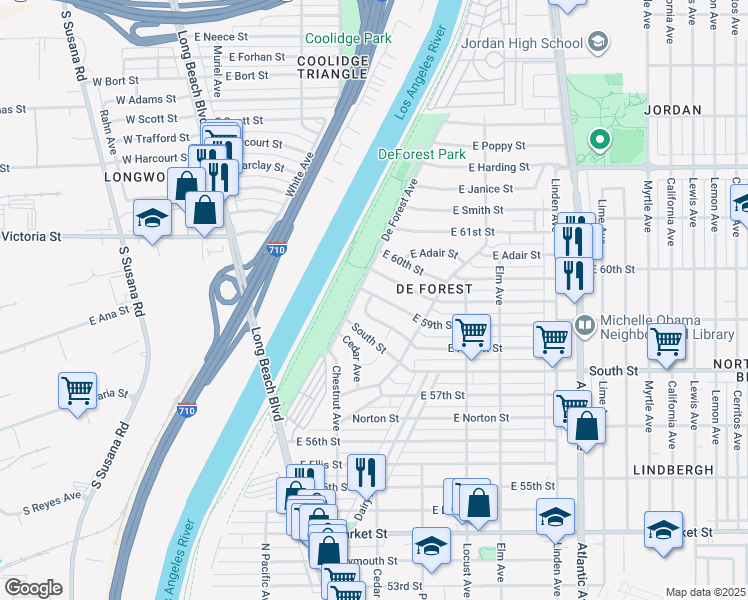 map of restaurants, bars, coffee shops, grocery stores, and more near 120 East 59th Street in Long Beach