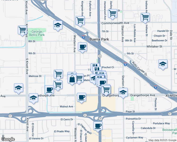 map of restaurants, bars, coffee shops, grocery stores, and more near 7642 11th Street in Buena Park