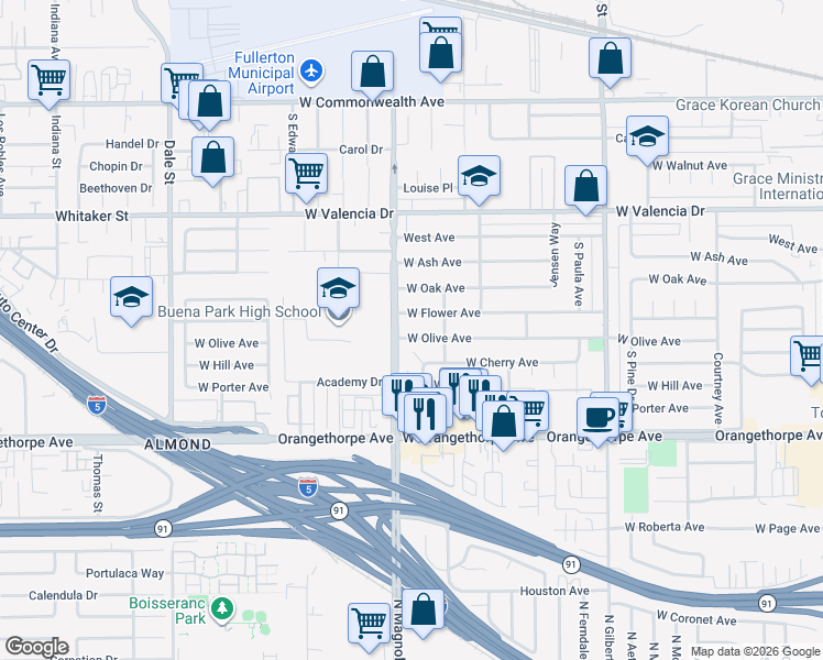 map of restaurants, bars, coffee shops, grocery stores, and more near 2721 West Olive Avenue in Fullerton