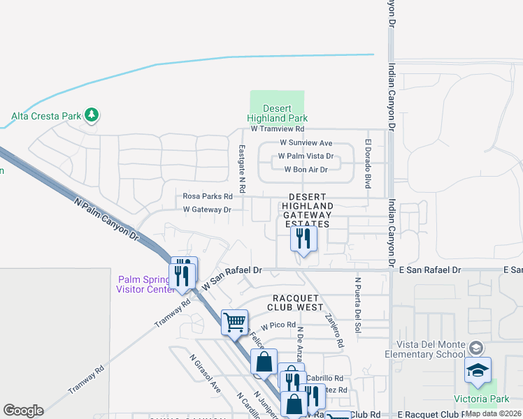 map of restaurants, bars, coffee shops, grocery stores, and more near b24 McCarthy Road in Palm Springs
