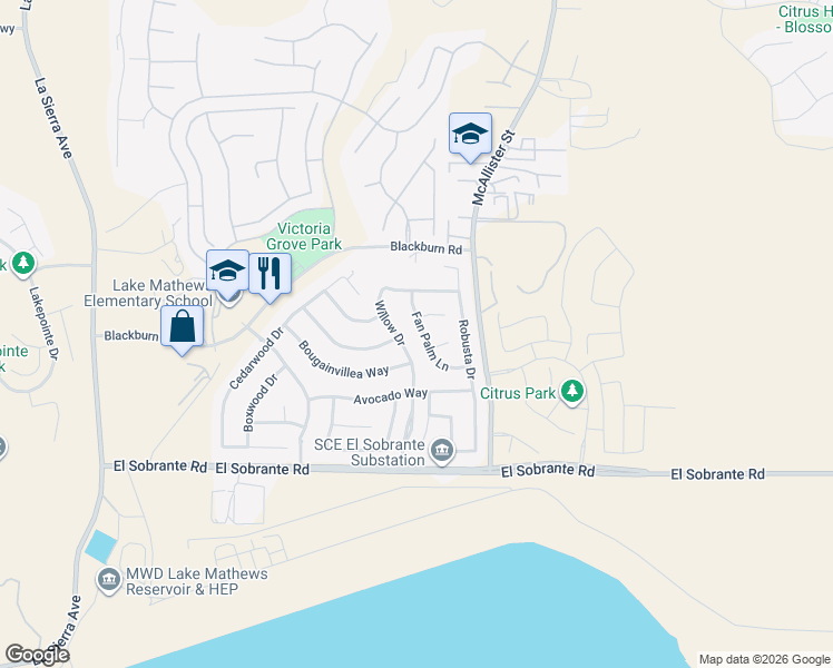 map of restaurants, bars, coffee shops, grocery stores, and more near 17672 Fan Palm Lane in Riverside