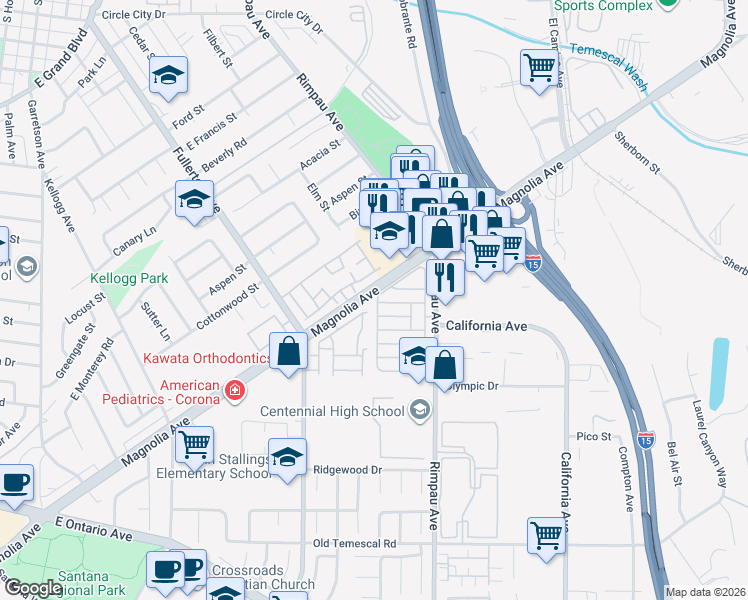 map of restaurants, bars, coffee shops, grocery stores, and more near 1550 Rimpau Avenue in Corona