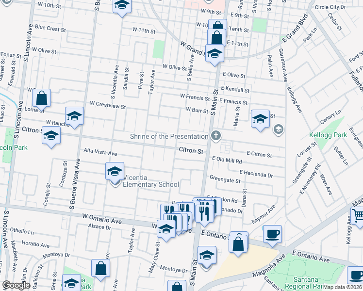 map of restaurants, bars, coffee shops, grocery stores, and more near 1786 South Belle Avenue in Corona