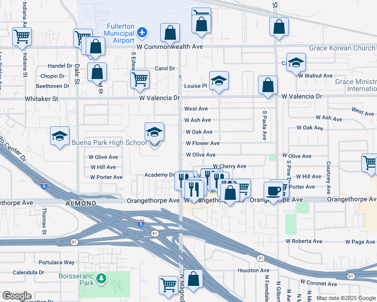 map of restaurants, bars, coffee shops, grocery stores, and more near 2711 West Olive Avenue in Fullerton