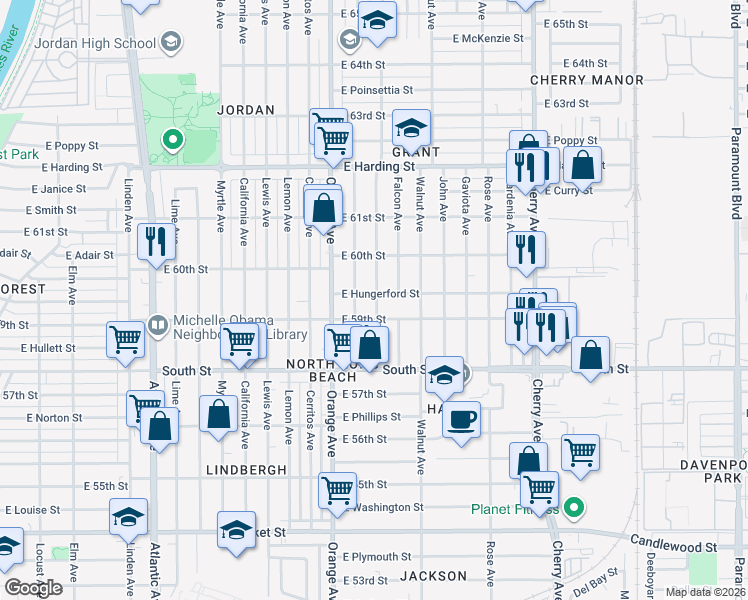 map of restaurants, bars, coffee shops, grocery stores, and more near 5916 Brayton Avenue in Long Beach