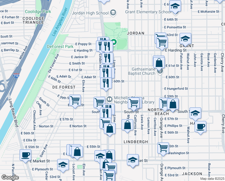 map of restaurants, bars, coffee shops, grocery stores, and more near 5928 Atlantic Avenue in Long Beach