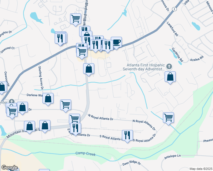 map of restaurants, bars, coffee shops, grocery stores, and more near 4973 Presidents Way in Tucker