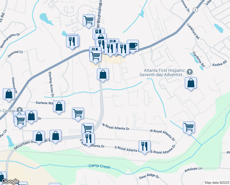 map of restaurants, bars, coffee shops, grocery stores, and more near 4953 Presidents Way in Tucker