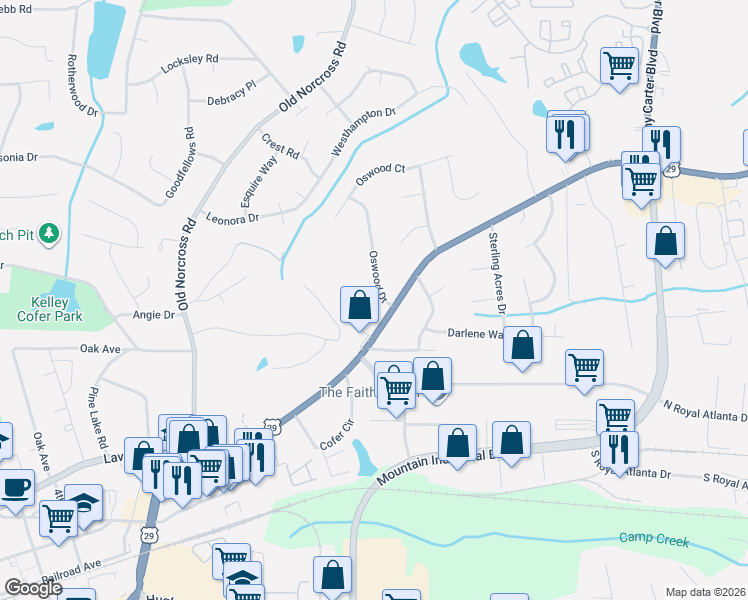 map of restaurants, bars, coffee shops, grocery stores, and more near 4630 Lawrenceville Highway in Tucker