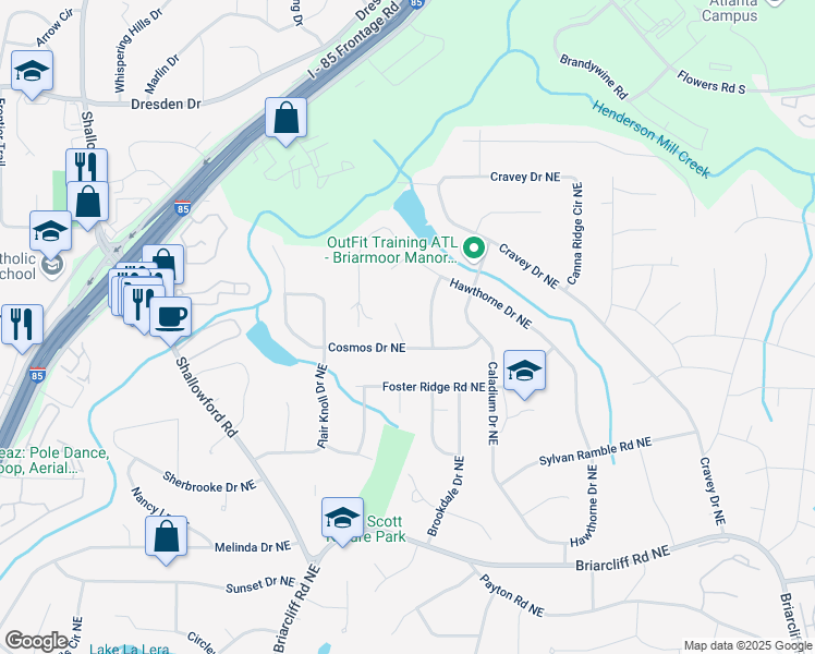 map of restaurants, bars, coffee shops, grocery stores, and more near 2597 Cosmos Court Northeast in Atlanta