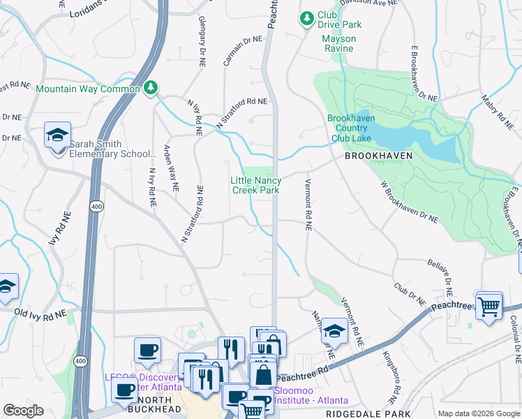 map of restaurants, bars, coffee shops, grocery stores, and more near 3930 Peachtree Dunwoody Road Northeast in Atlanta