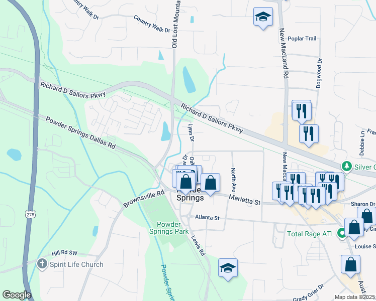 map of restaurants, bars, coffee shops, grocery stores, and more near 4450 Pineview Drive in Powder Springs