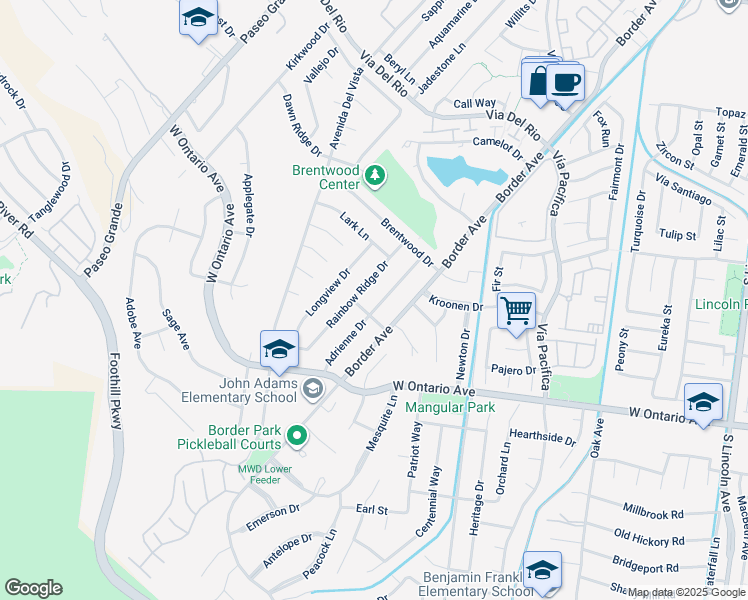 map of restaurants, bars, coffee shops, grocery stores, and more near 1952 Adrienne Drive in Corona
