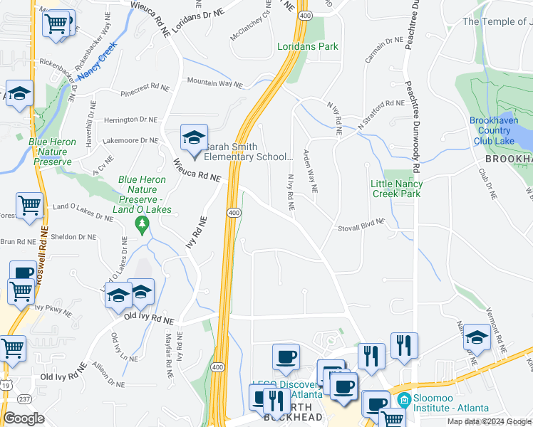map of restaurants, bars, coffee shops, grocery stores, and more near 4002 Wieuca Road Northeast in Atlanta
